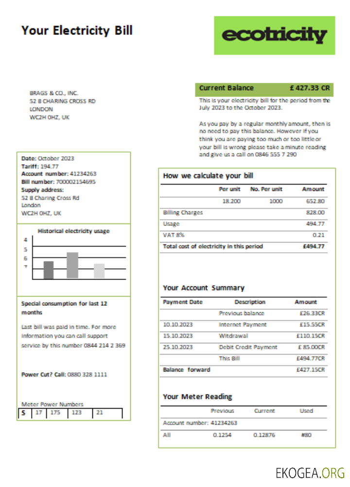 Facture commerciale du service public d'électricité Ecotricity, SCR